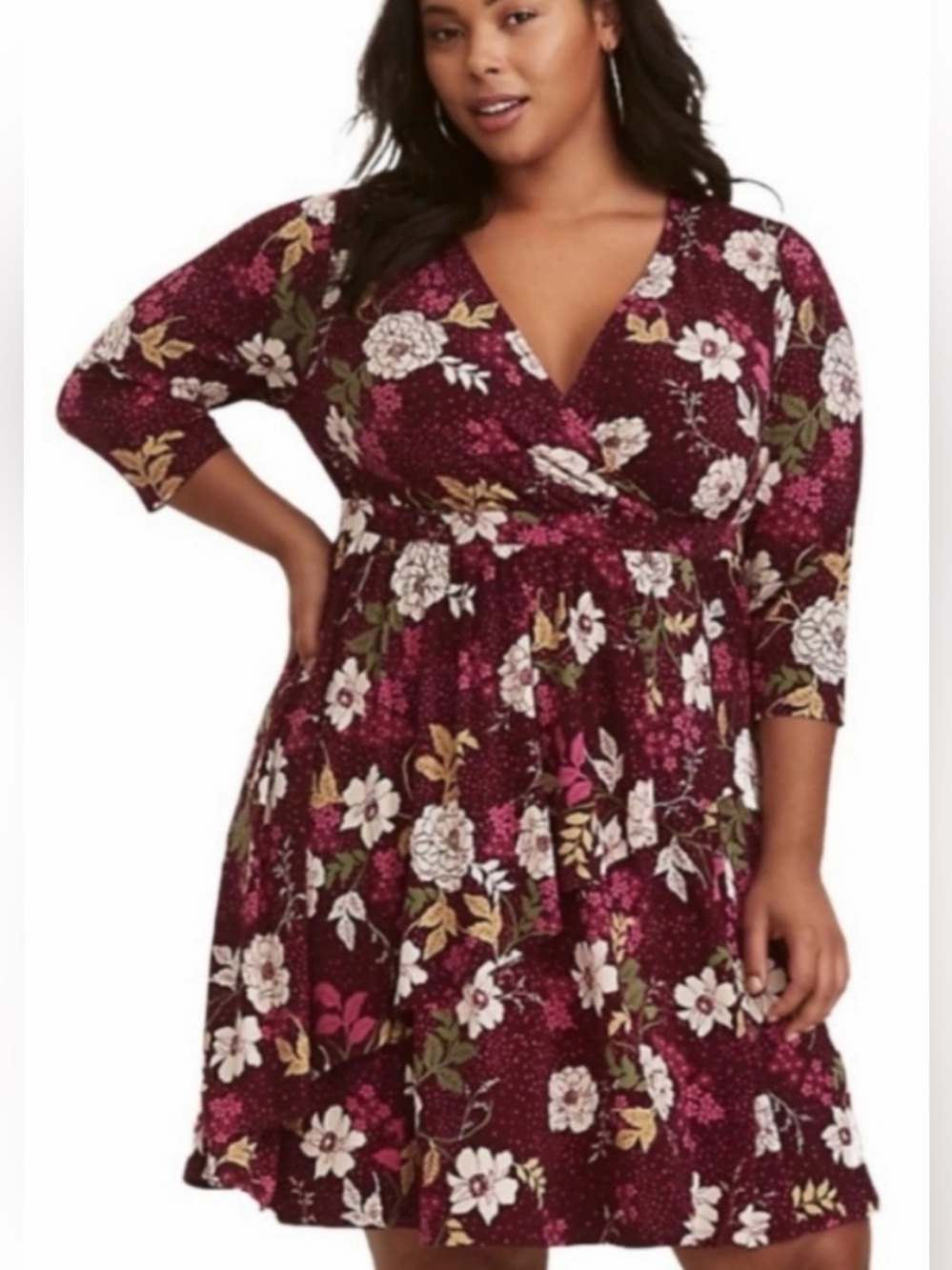 Torrid burgundy floral faux wrap dress v-neck three-quarter length sleeves 3X